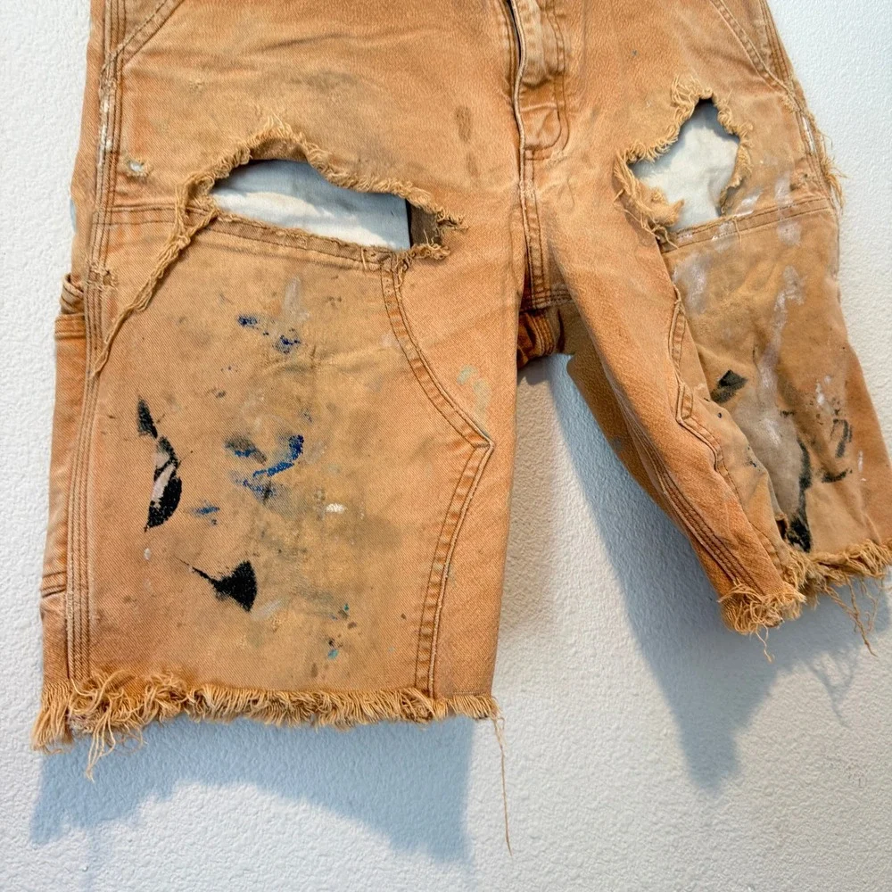 Carhartt Mens Relaxed Fit Carpenter Shorts Distressed Paint Splatter Brown 34